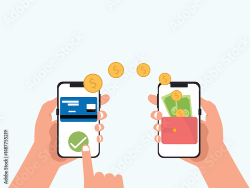 Hand holding smartphone with transaction of cashback, Internet mobile banking transaction, wallet and credit card vector illustration.