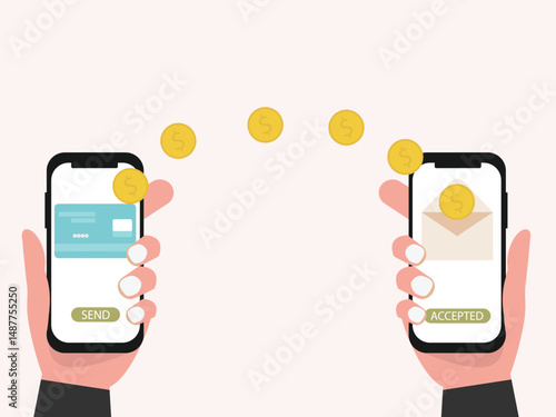 Hand holding smartphone with transaction of cashback, Internet mobile banking transaction, wallet and credit card vector illustration.