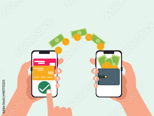 Hand holding smartphone with transaction of cashback, Internet mobile banking transaction, wallet and credit card vector illustration.