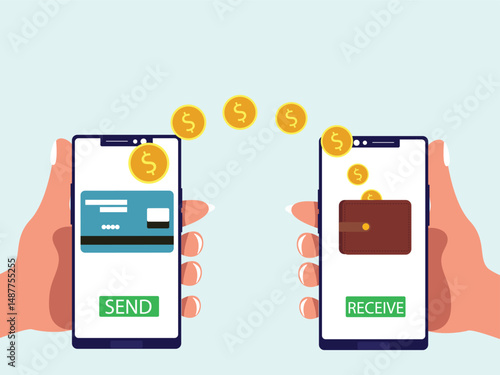 Hand holding smartphone with transaction of cashback, Internet mobile banking transaction, wallet and credit card vector illustration.