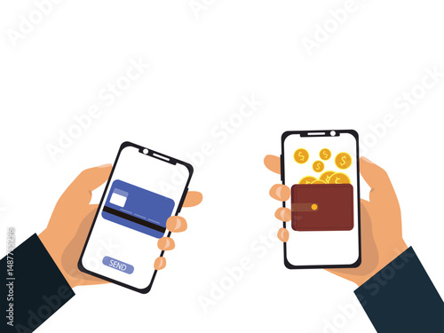 Hand holding smartphone with transaction of cashback, Internet mobile banking transaction, wallet and credit card vector illustration.