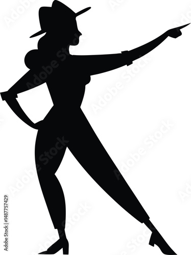 A woman is dancing and pointing to the right. She is wearing a hat and black pants
