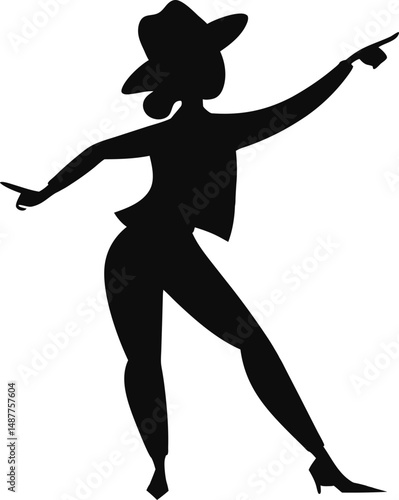 A woman is dancing and pointing to the right. She is wearing a hat and black pants