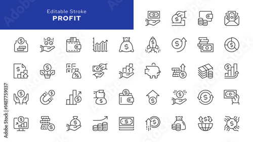 Profit line icon set. Money income, money savings, earnings, money, cash, investment, financial growth and more. Outline vector icon in linear style. Pictogram collection