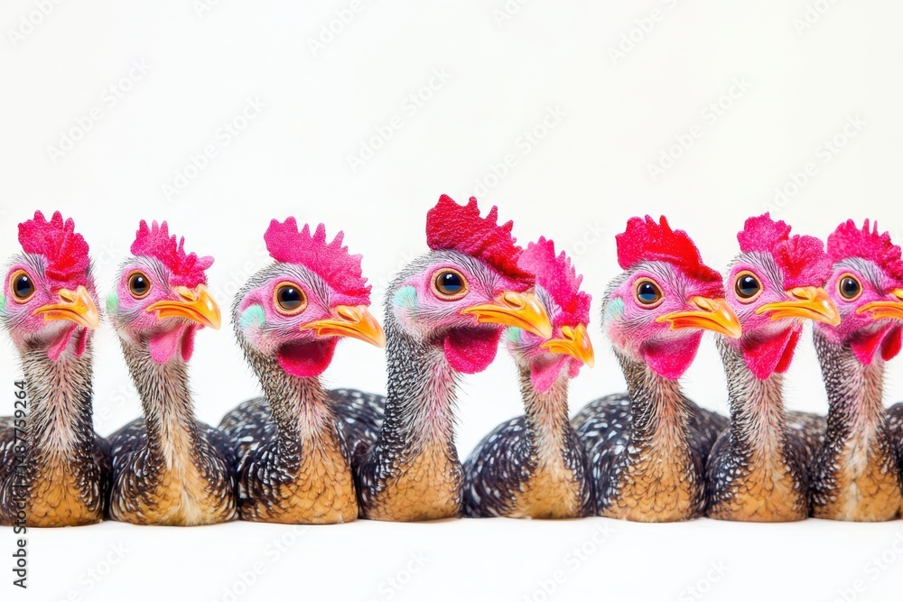 Fototapeta premium Several young guinea fowl keets lined up isolated on a white background