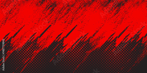 Dynamic red and black abstract background with grunge brush strokes and halftone dots, ideal for sports, action, or edgy graphic design.