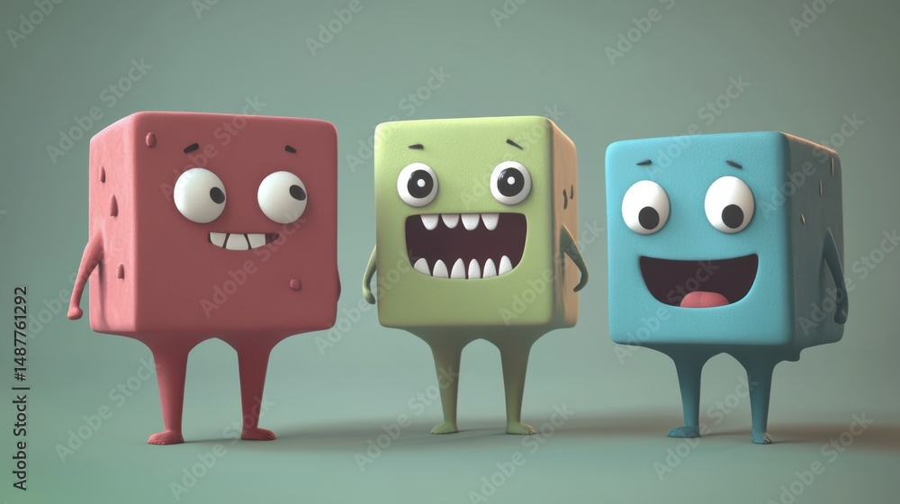Fototapeta premium 3d characters basic shapes, a square, a rectangle, a sphere, a piramyd, funny, kawai, character design