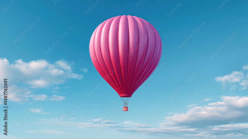 Fototapeta premium A solitary pink hot air balloon gracefully ascends through a vibrant blue sky, surrounded by fluffy white clouds, offe a sense of freedom and adventure.