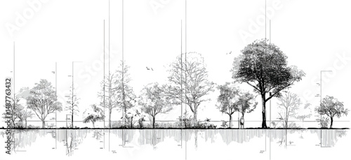Architectural Drawings, Minimal style cad tree line drawing, Side view, set of graphics trees elements, Set of coniferous and deciduous trees for architecture
