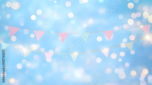 Festive gathering celebration sky blue background digital design cheerful environment wide view pastel decorations