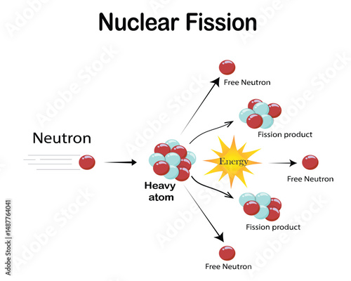 Nuclear Fission Reaction Diagram showing Free Neutron, Target Nucleus, Fission Products, and Energy Release Chain