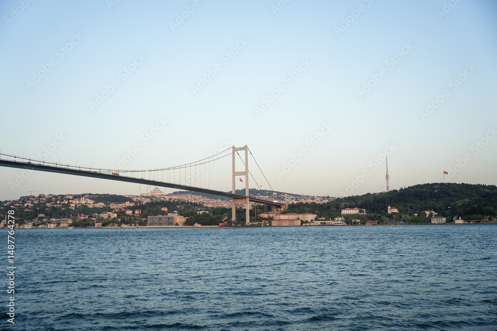Bosphorus Bridge view from the middle of the Bosphorus with scenic cityscape Bosphorus Bridge view from the middle of the Bosphorus with scenic cityscape