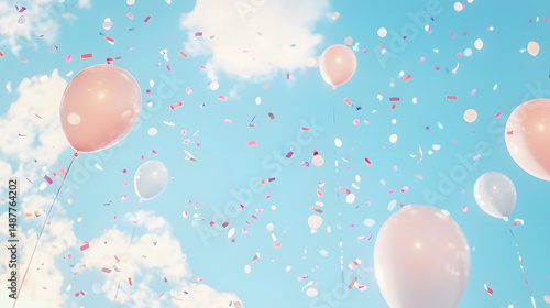 Celebration event with balloons sky blue background pastel theme festive environment aerial view joyful atmosphere
