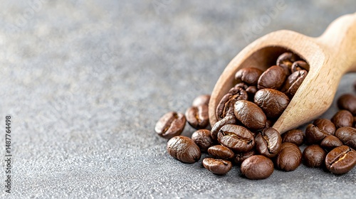 Coffee Bean in Wooden Scoop on Grey Surface
