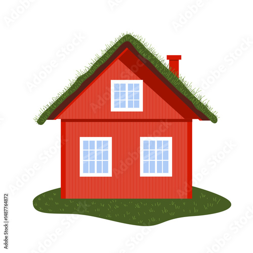 House illustration on isolated background. The wooden red building is in Scandinavian style. Wooden house with white Windows and flowers
