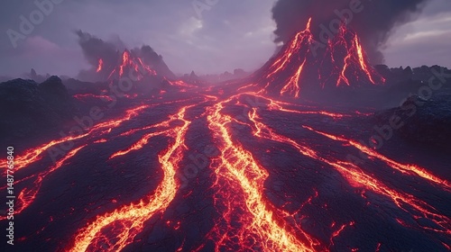 Volcano erupting with lava flowing down its sides in a landscape setting.