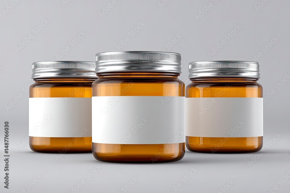Amber Glass Jars with Blank Labels: A Minimalist Product Still Life Amber Glass Jars with Blank Labels: A Minimalist Product Still Life