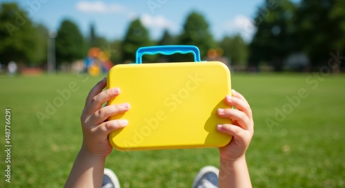 Child's hands holding a yellow lunchbox outdoors.