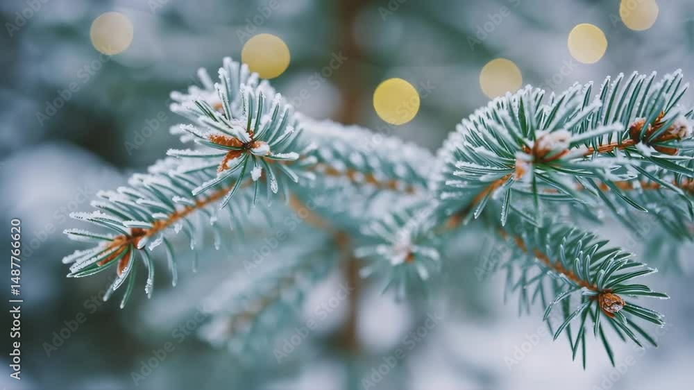Frosted Evergreen Branch with Bokeh Lights Frosted Evergreen Branch with Bokeh Lights