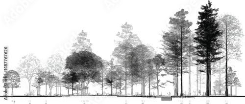 Minimal Style CAD Tree Line Drawings, set of graphics trees elements outline symbol, vector illustration outline symbol for landscape design