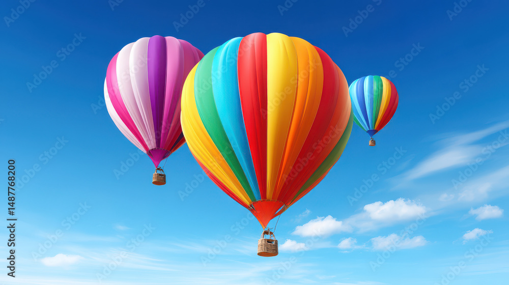 Obraz premium Three vibrant hot air balloons, painted with beautiful rainbow colors, gracefully ascend into the bright blue sky dotted with wisps of fluffy white clouds above.