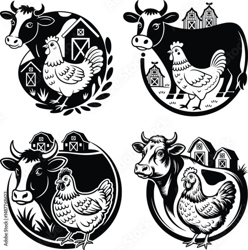 Cow, Chicken, Farm Animal, Farm Scene