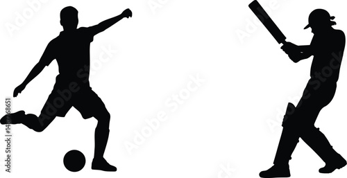 Soccer player kicking the ball alongside a cricketer holding the bat during a match