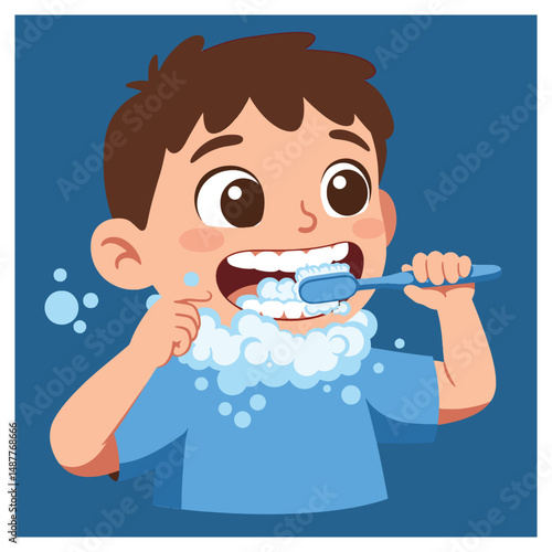 Happy kids brushing teeth using blue toothbrushes and foamy paste teaching children good dental care in a cute and joyful illustration style

