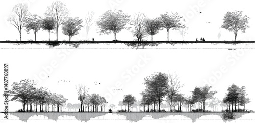 Tree Grunge vector Architectural Drawings, Minimal style cad tree line drawing, Minimal style CAD tree line drawing, side view, a set 