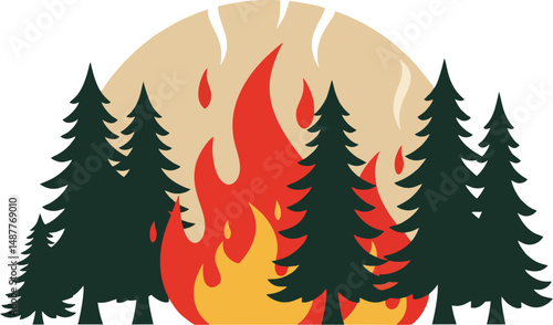 Flat Vector Illustration of a Forest Wildfire with Burning Trees and Smoke in Minimalist Style