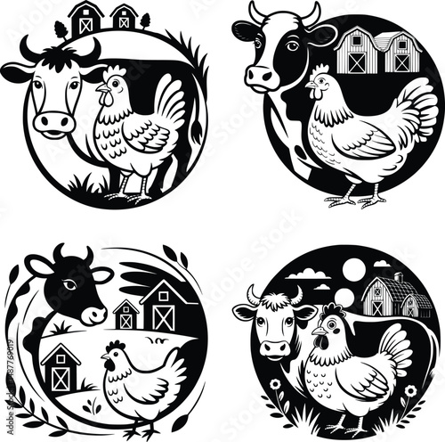 Cow, Chicken, Farm Animal, Farm Scene