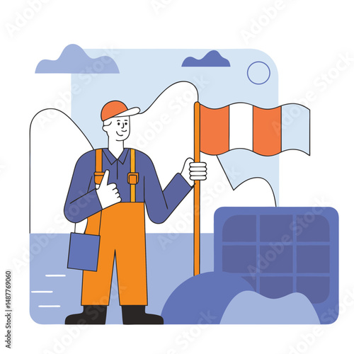 Man holding a flag while standing on a mountain during daytime  
