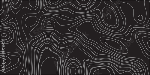 Design a dark-themed abstract background featuring seamless topographic contour lines in soft gray. The lines should form organic, flowing shapes resembling elevation maps or geological formations, 