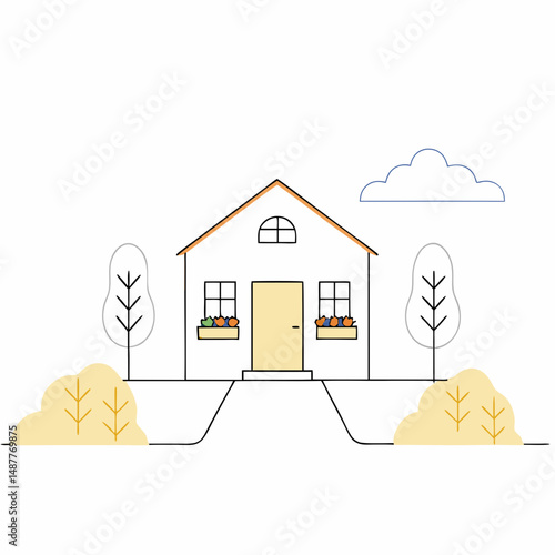 Simple illustration of a guesthouse with trees and bushes in autumn  
