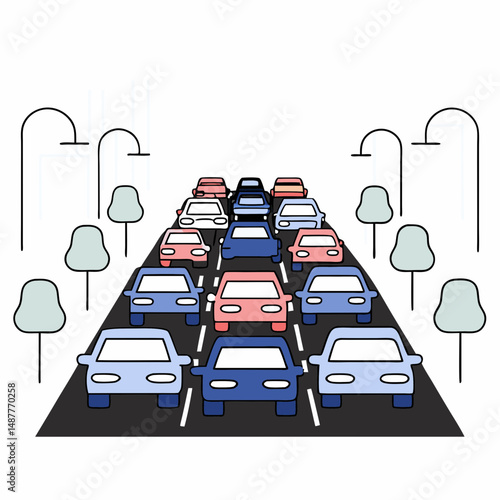 Traffic jam with colorful cars on city street surrounded by trees  