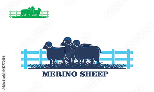 GREAT MERINO SHEEP STANDING AT FARM LOGO, silhouette of great sheep at ranch vector illustrations
