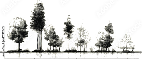 Architectural Drawings, Minimal style cad tree line drawing, Vector illustration in seperate