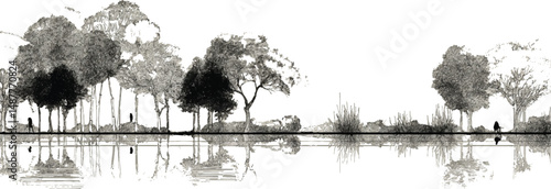 Minimal style cad tree line, Side view, set of graphics trees elements outline symbol for architecture, Architectural Drawings, Minimal style cad tree line drawing, 