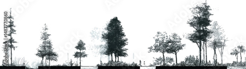 Minimal style cad tree line, Side view, set of graphics trees elements outline symbol for architecture, Architectural Drawings, Minimal style cad tree line drawing, 