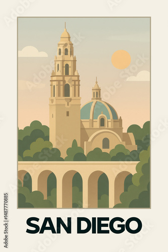 San Diego Travel Poster – Flat Design Illustration of California Tower and Cabrillo Bridge in Balboa Park, Minimalist Urban Landmark in Pastel Colors