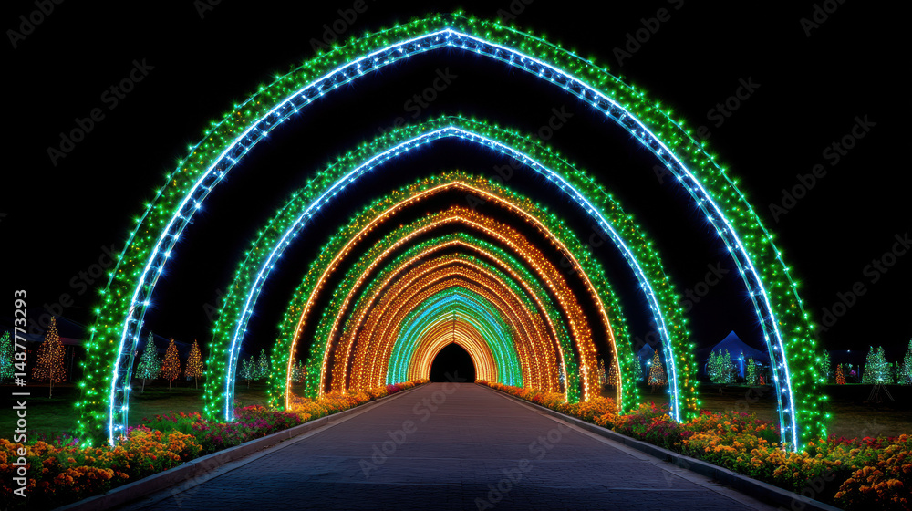 Fototapeta premium A long illuminated tunnel of colorful arches glows brightly at night creating an enchanting passageway amidst a holiday lights display in a festive outdoor space.