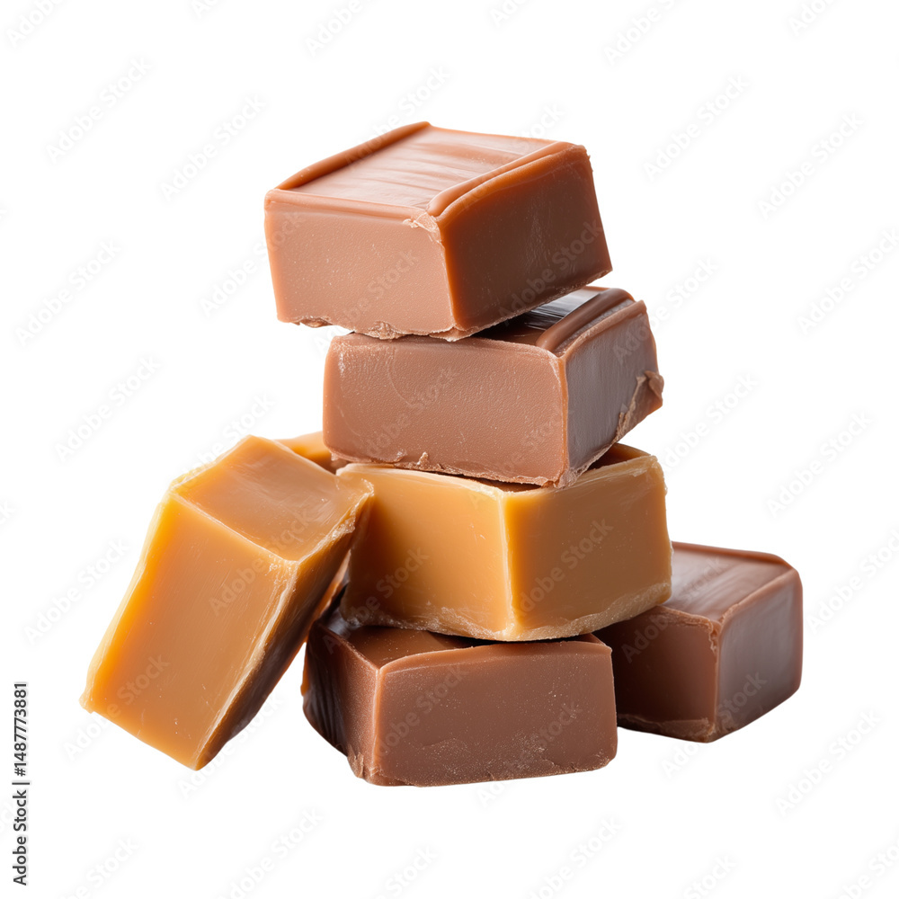 Caramel candy pieces stacked isolated on white