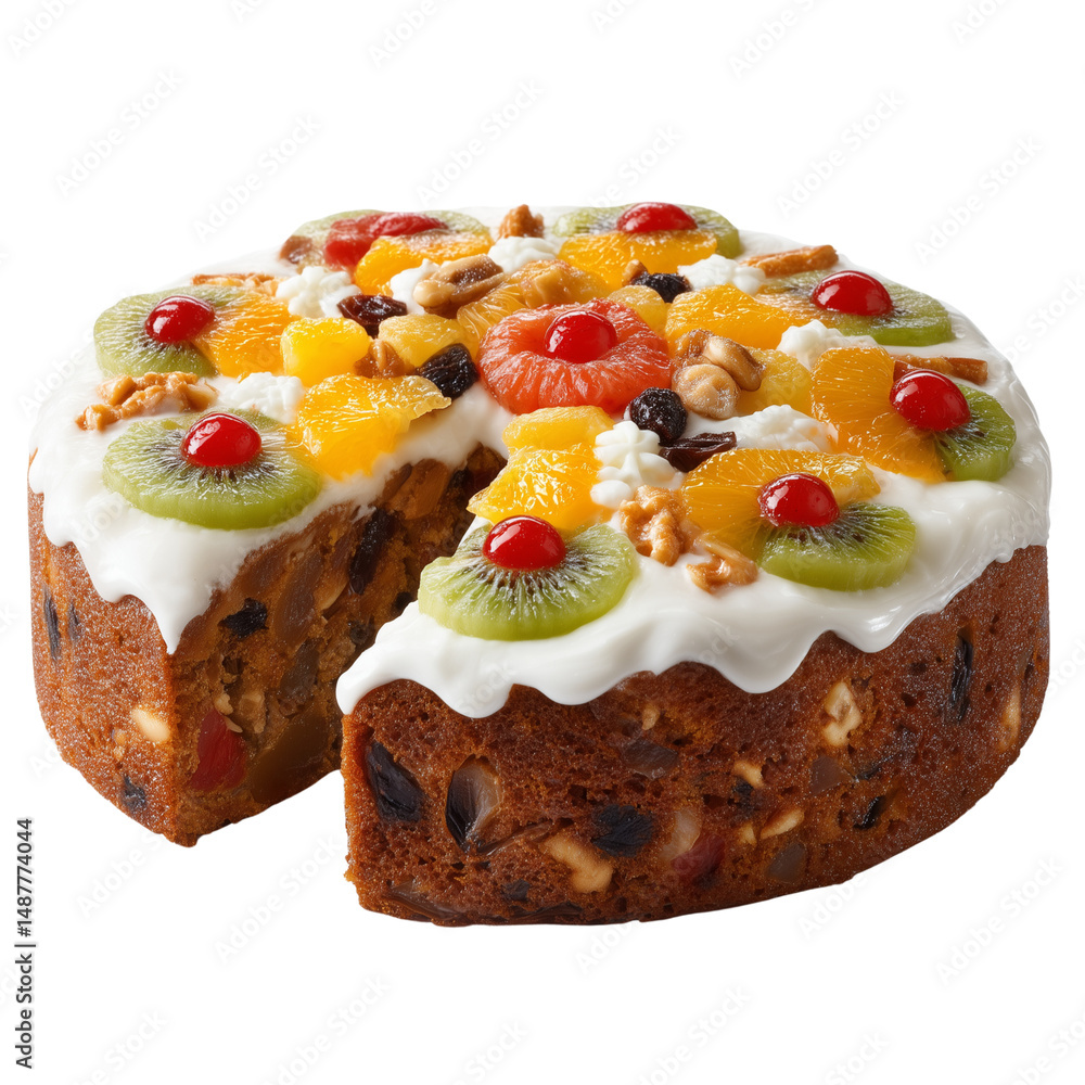 Fruit cake with frosting and sliced serving