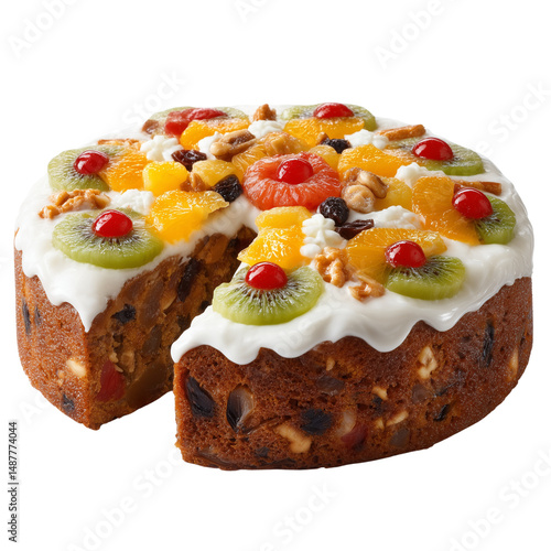 Obraz na płótnie Fruit cake with frosting and sliced serving w salonie