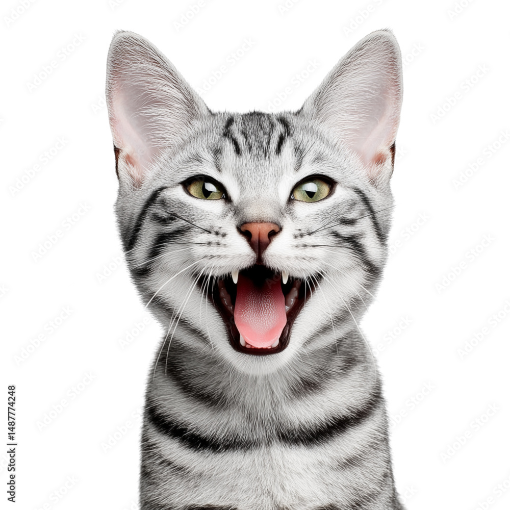 Playful American Shorthair cat meowing isolated on white