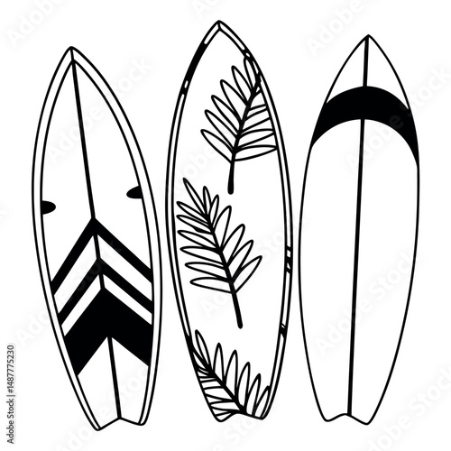 Hand Drawn Surfboard Trio in Black and White with Leaf, Wave, and Stripe Motifs
