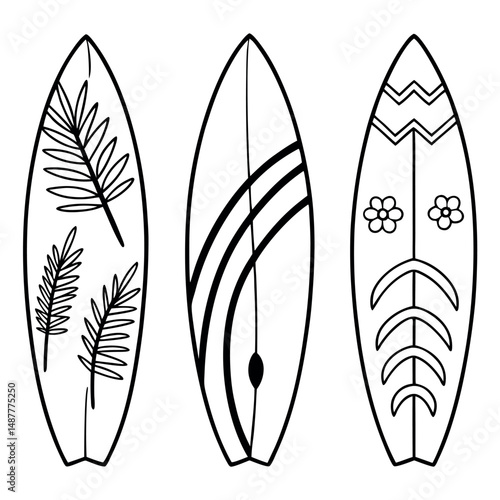 Black and White Surfboard Set with Floral, Wave, and Striped Line Art Designs