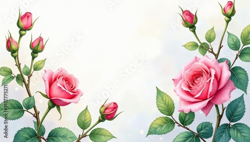 Delicate watercolor rose buds, climbing vines , vine, green
