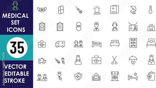 Minimalist vector icon set with 35 medical-themed symbols including doctors, ambulances, pills, syringes, beds, charts, hearts, hospitals, and equipment in editable stroke style