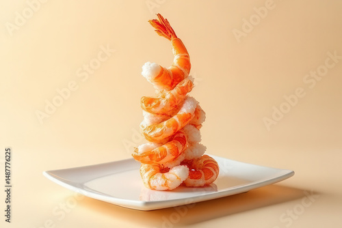 Tempting Shrimp Sushi Tower on Minimalist White Plate: Clean Food Photography with Split Lighting and Spacious Layout